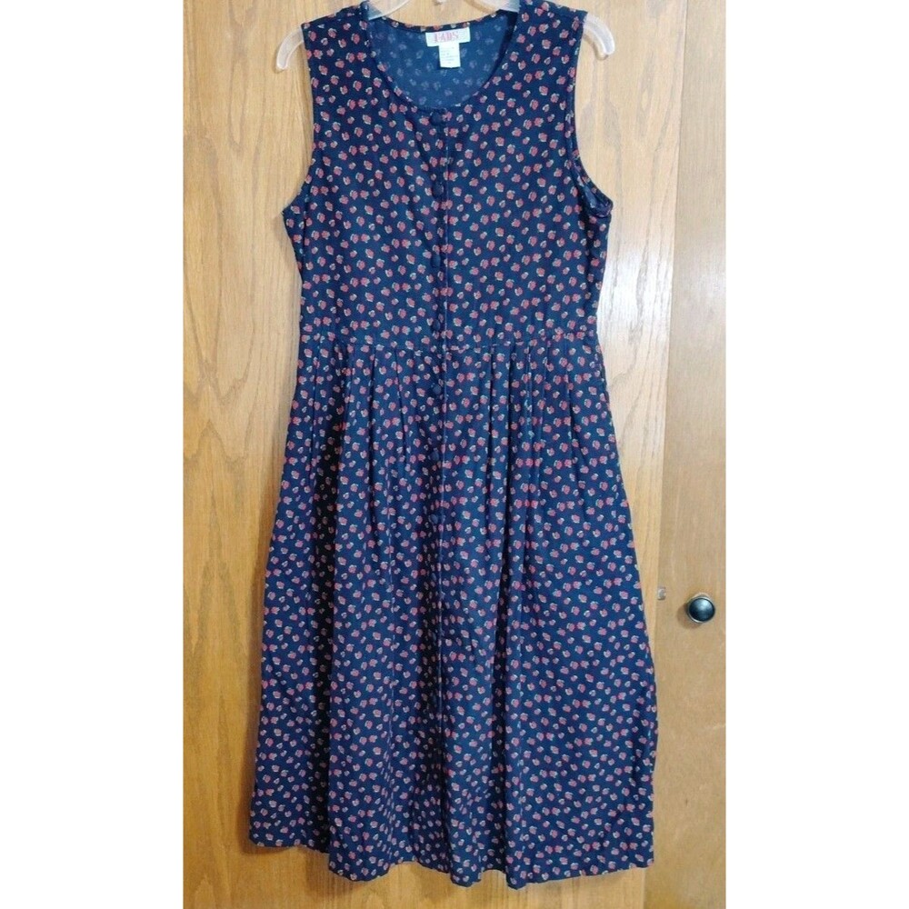 Vintage Jumper Dress Sz 4 Cotton Corduroy Pockets Cottagecore Navy Blue Roses